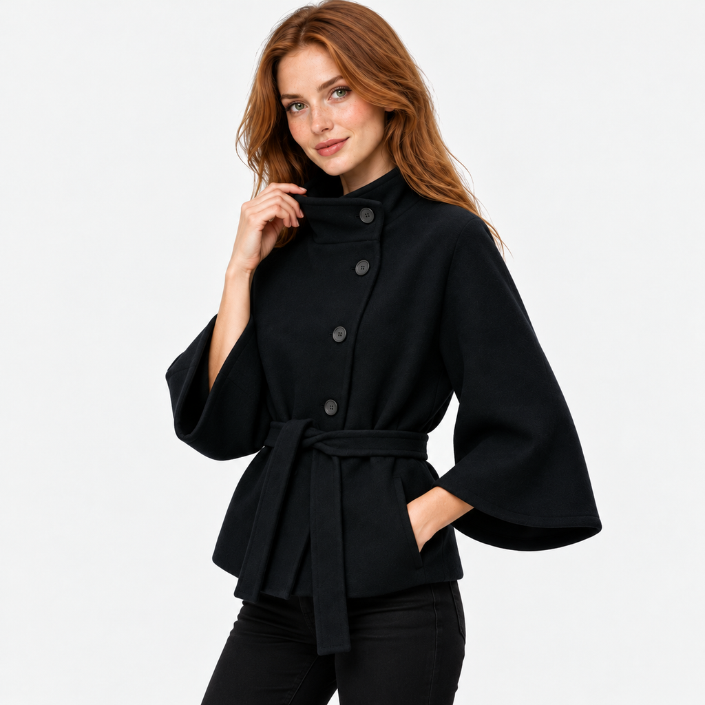 Women's Mandarin Collar Coat with Asymmetric Button Closure