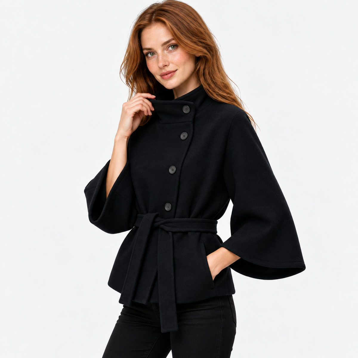 Women's Mandarin Collar Coat with Asymmetric Button Closure