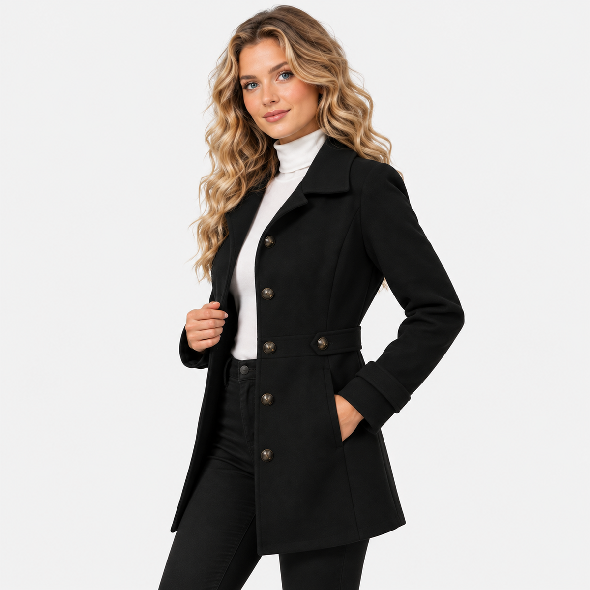 Women's Mid-Length Coat with Lapel Collar and Button Front