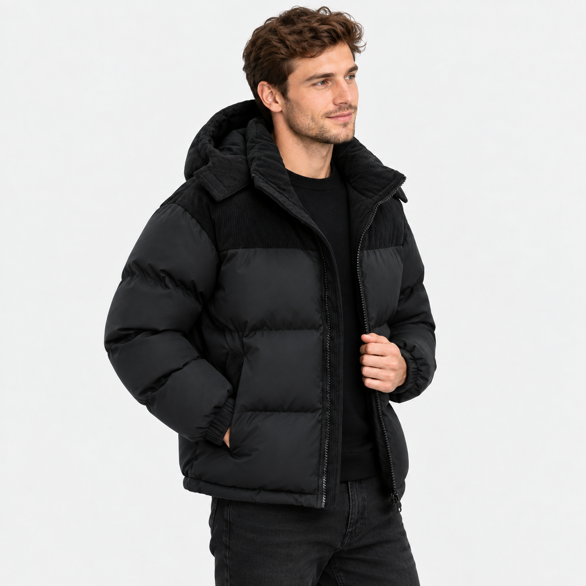 Men's Hooded Padded Winter Coat - Detachable Hood