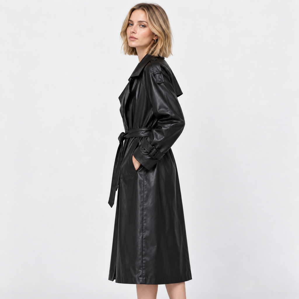 Women's Faux Leather Trench Coat - Belted Slim Fit