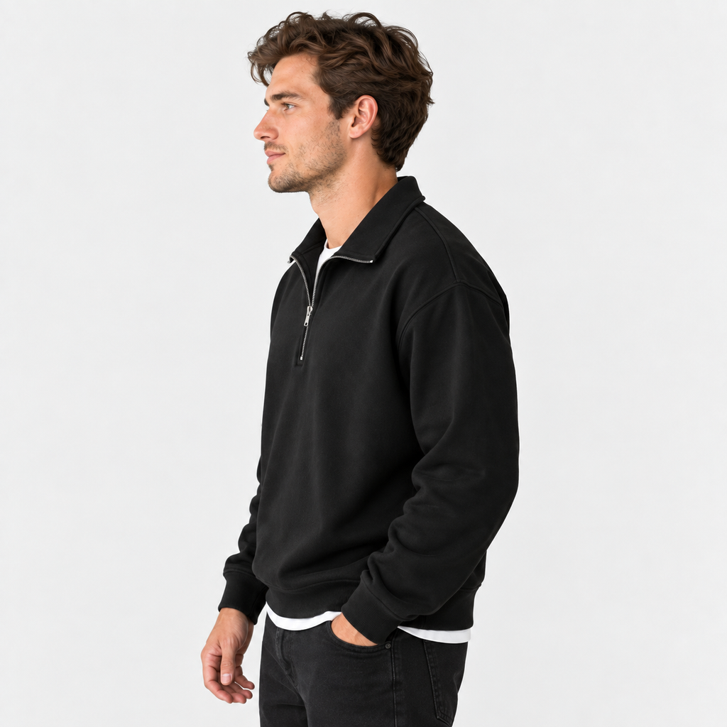 Men's Lapel Sweatshirt - Loose Fit with Side Pockets