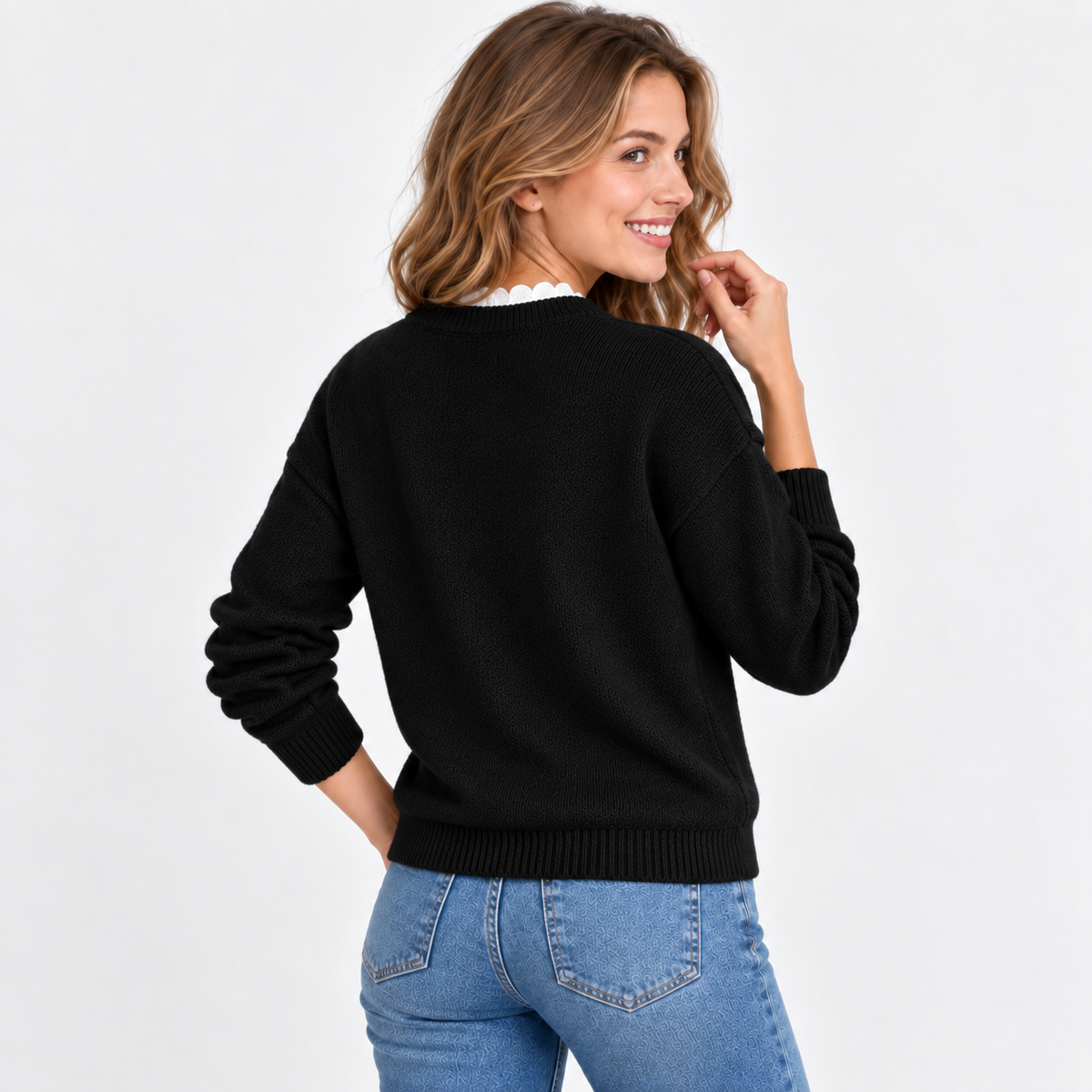 Women's V-Neck Lace Sweater - Long Sleeve Pullover