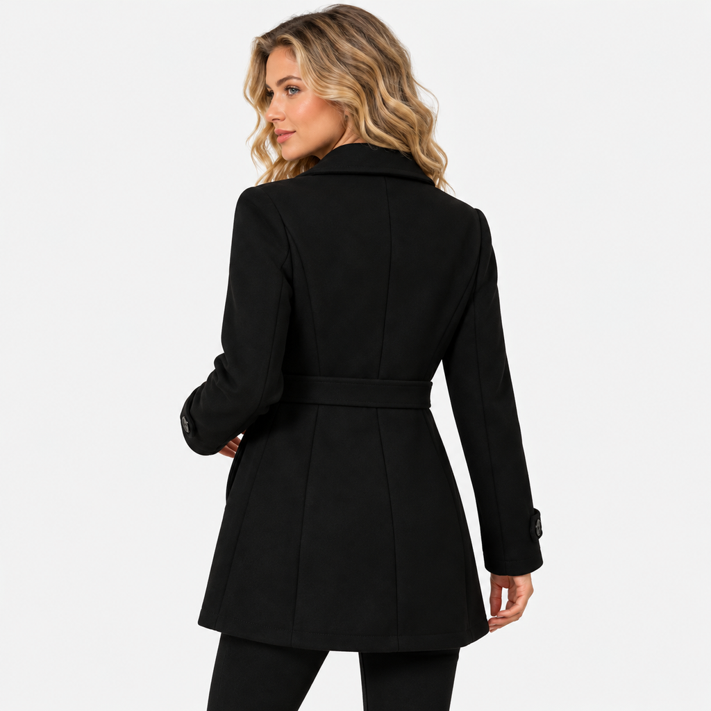 Women's Mid-Length Coat with Lapel Collar and Button Front