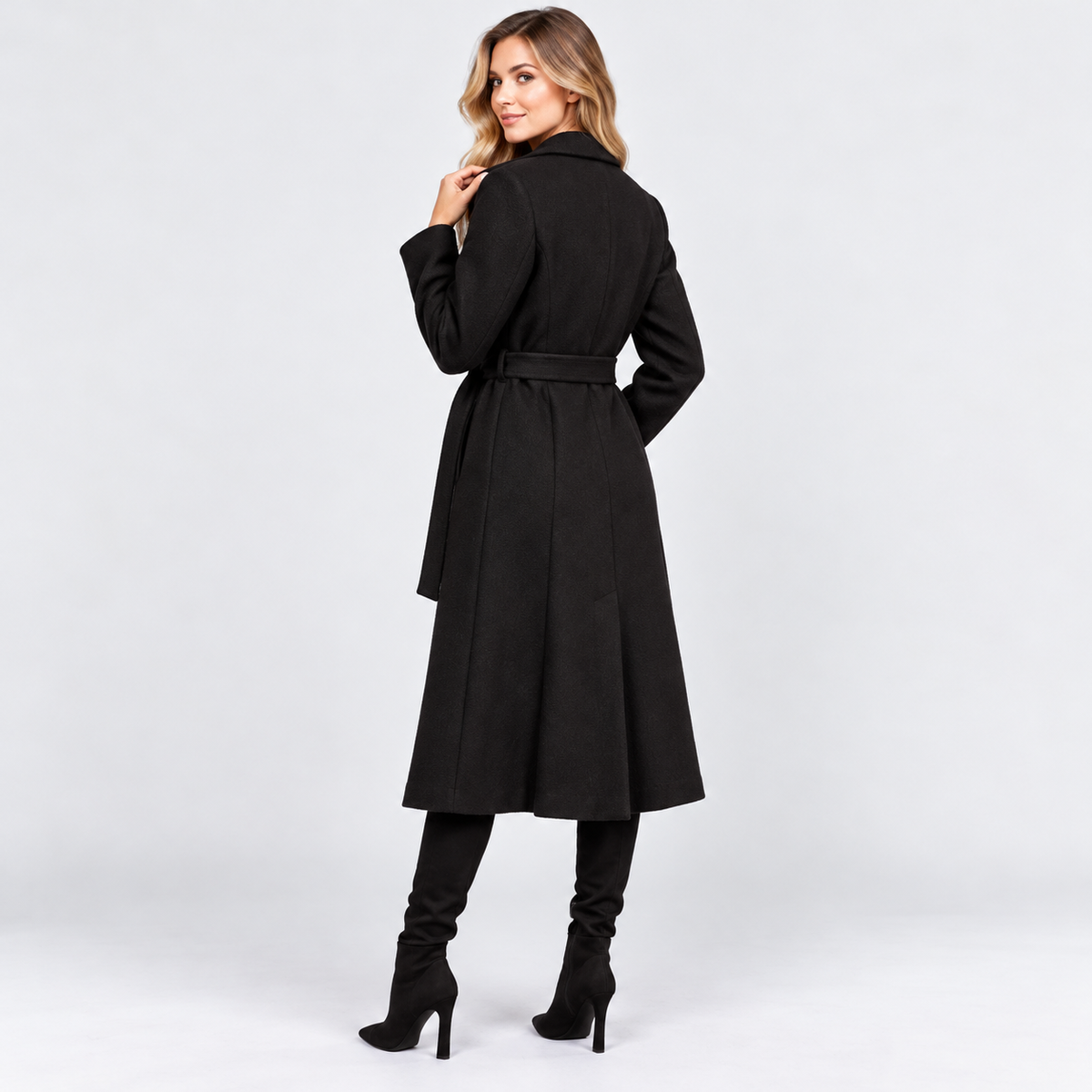 Women's Long V-Neck Coat with Lace-Up Waist