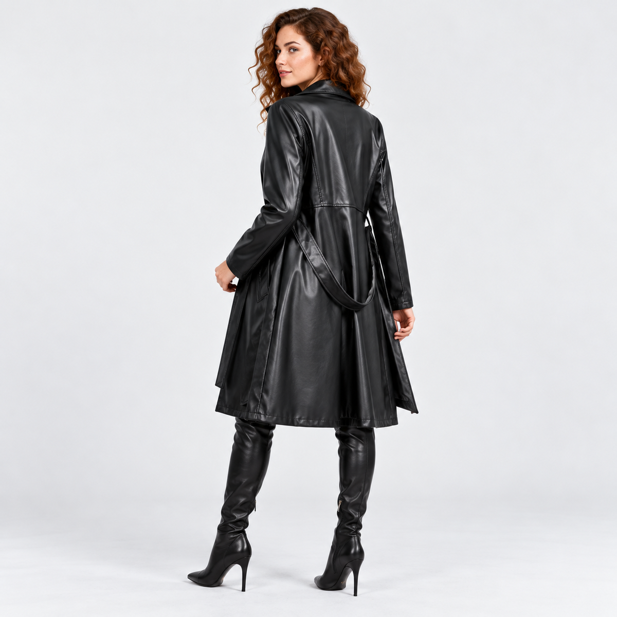 Women's Classic Faux Leather Trench Coat with Belted Waist