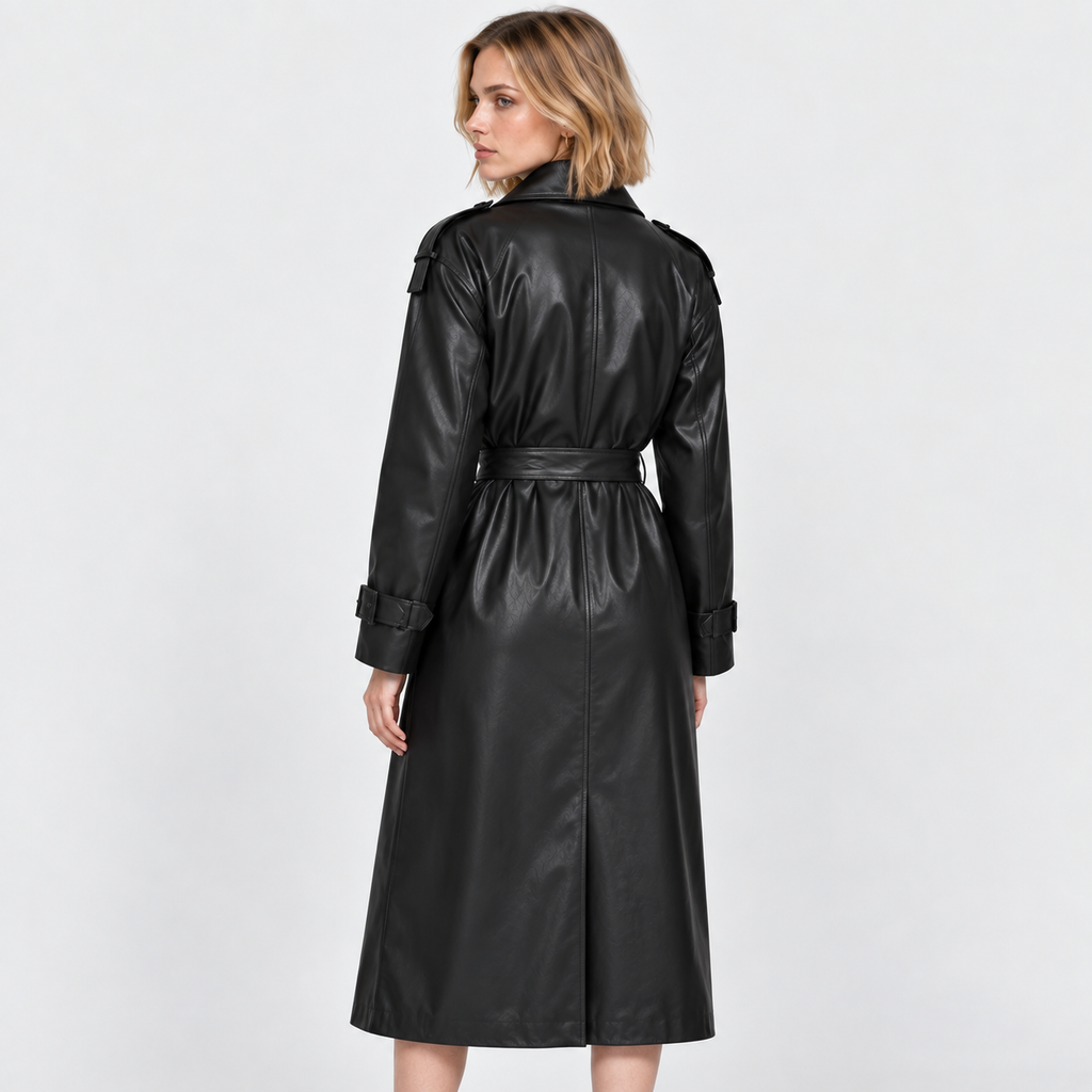 Women's Faux Leather Trench Coat - Belted Slim Fit
