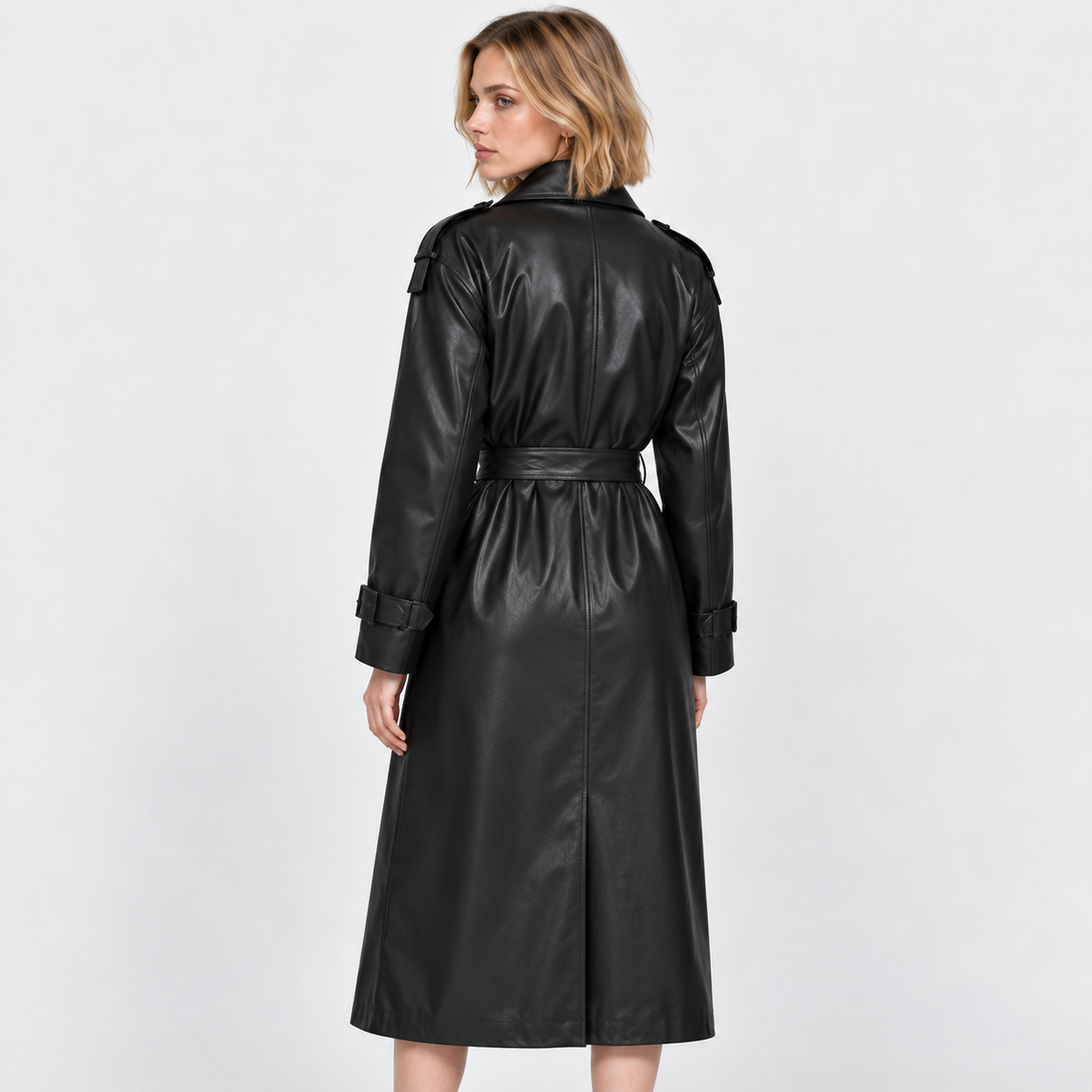 Women's Faux Leather Trench Coat - Belted Slim Fit