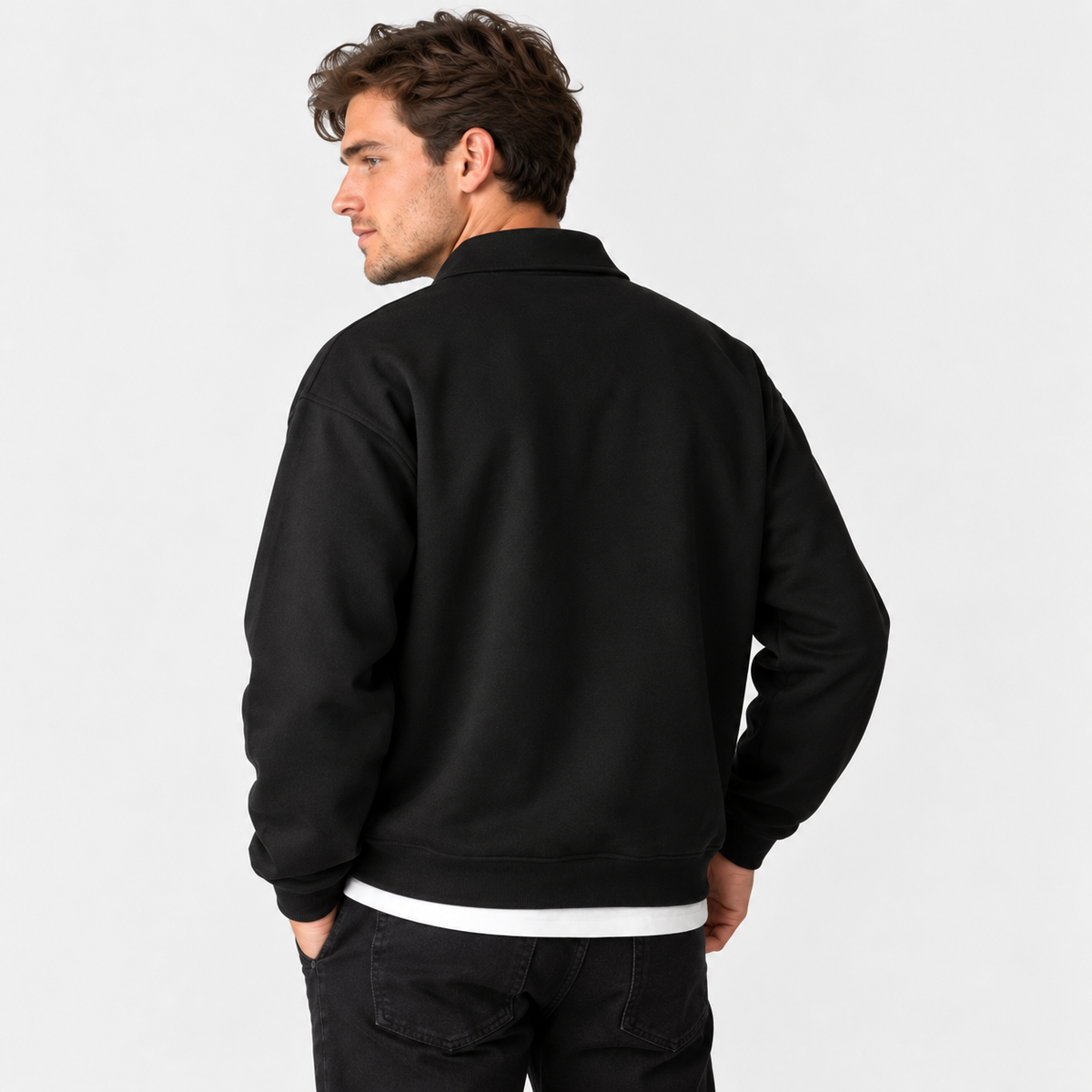 Men's Lapel Sweatshirt - Loose Fit with Side Pockets