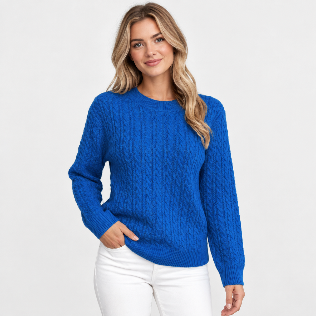 Women's Cable Knit Crew Neck Sweater - Long Sleeve