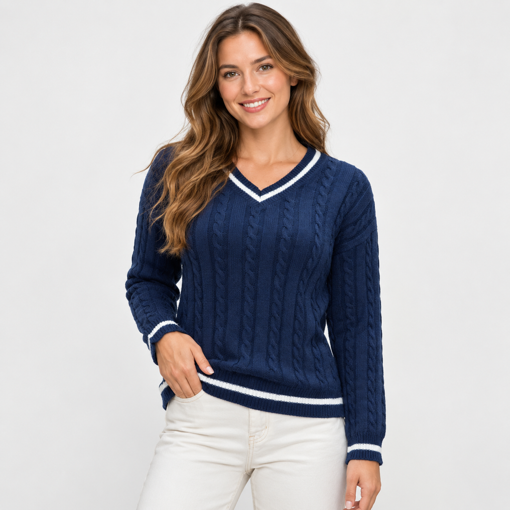 Women's Cable Knit V-Neck Sweater - Loose Fit