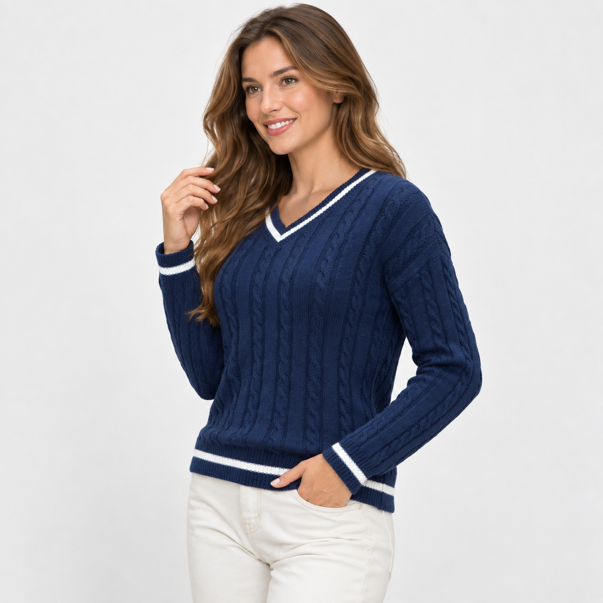 Women's Cable Knit V-Neck Sweater - Loose Fit