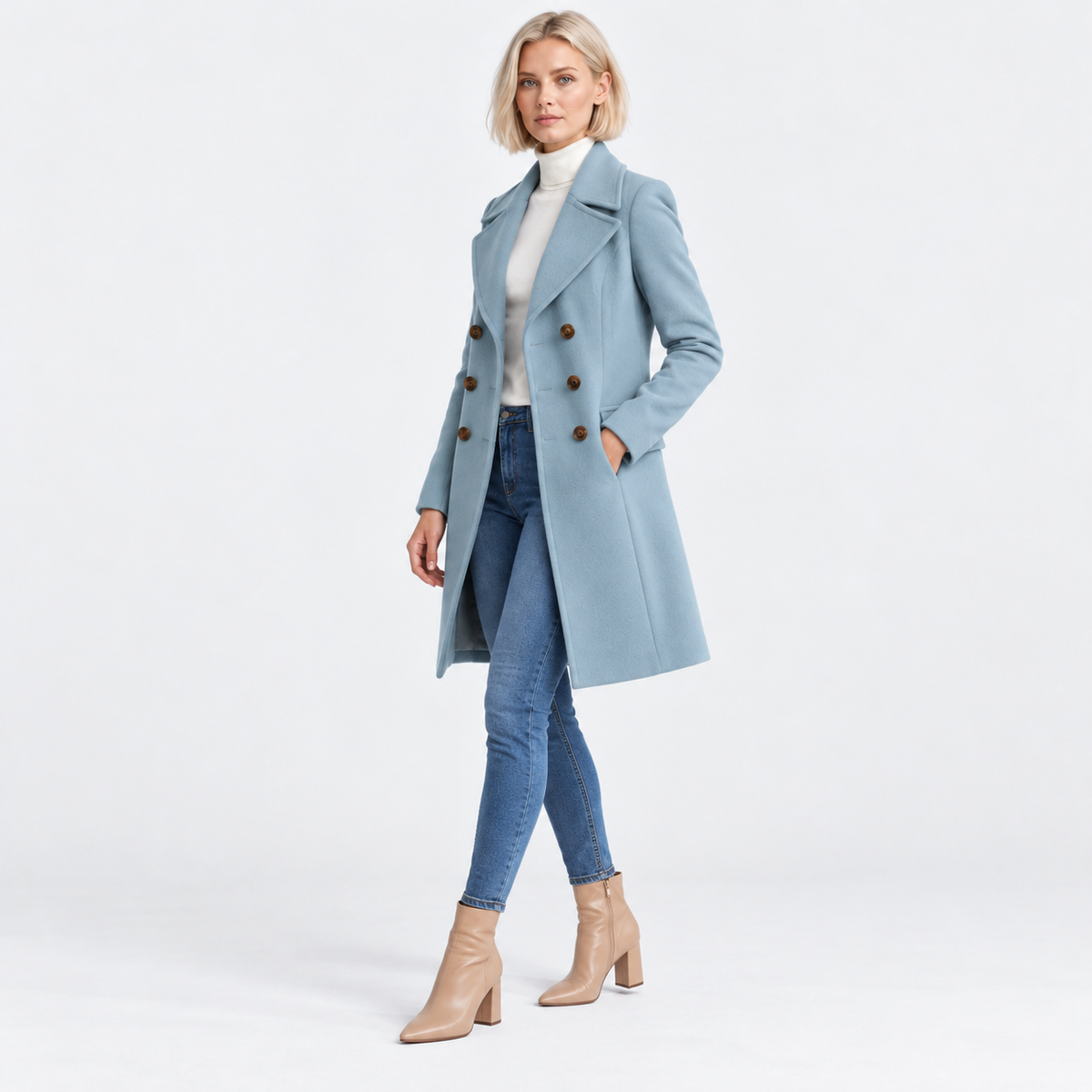 Women's Classic Mid-Length Wool Coat with Slim Fit