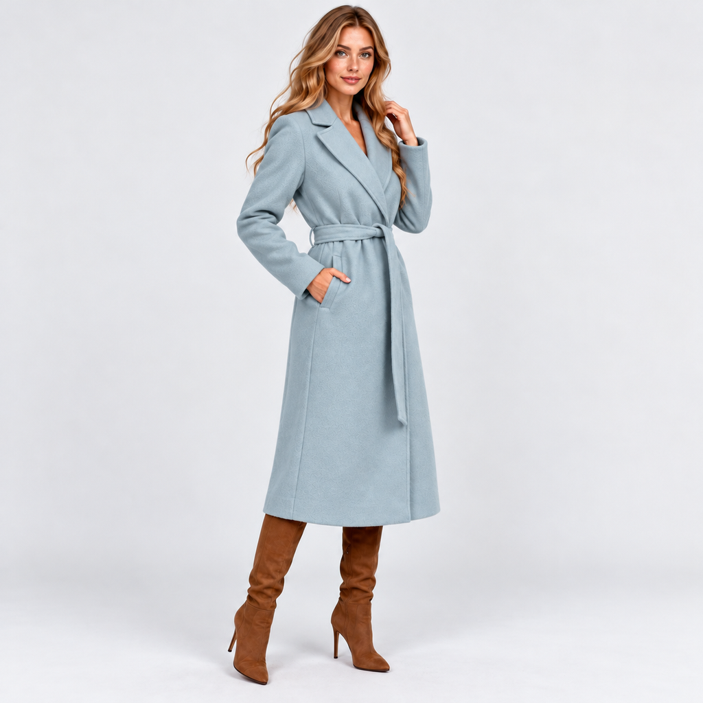 Women's Long V-Neck Coat with Lace-Up Waist