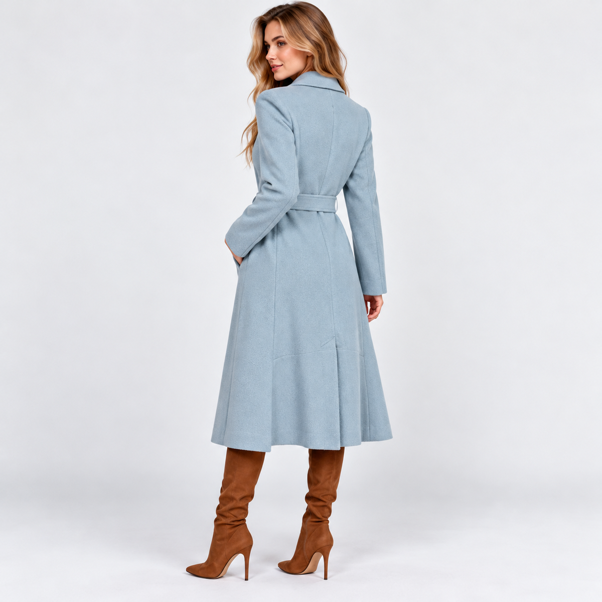 Women's Long V-Neck Coat with Lace-Up Waist