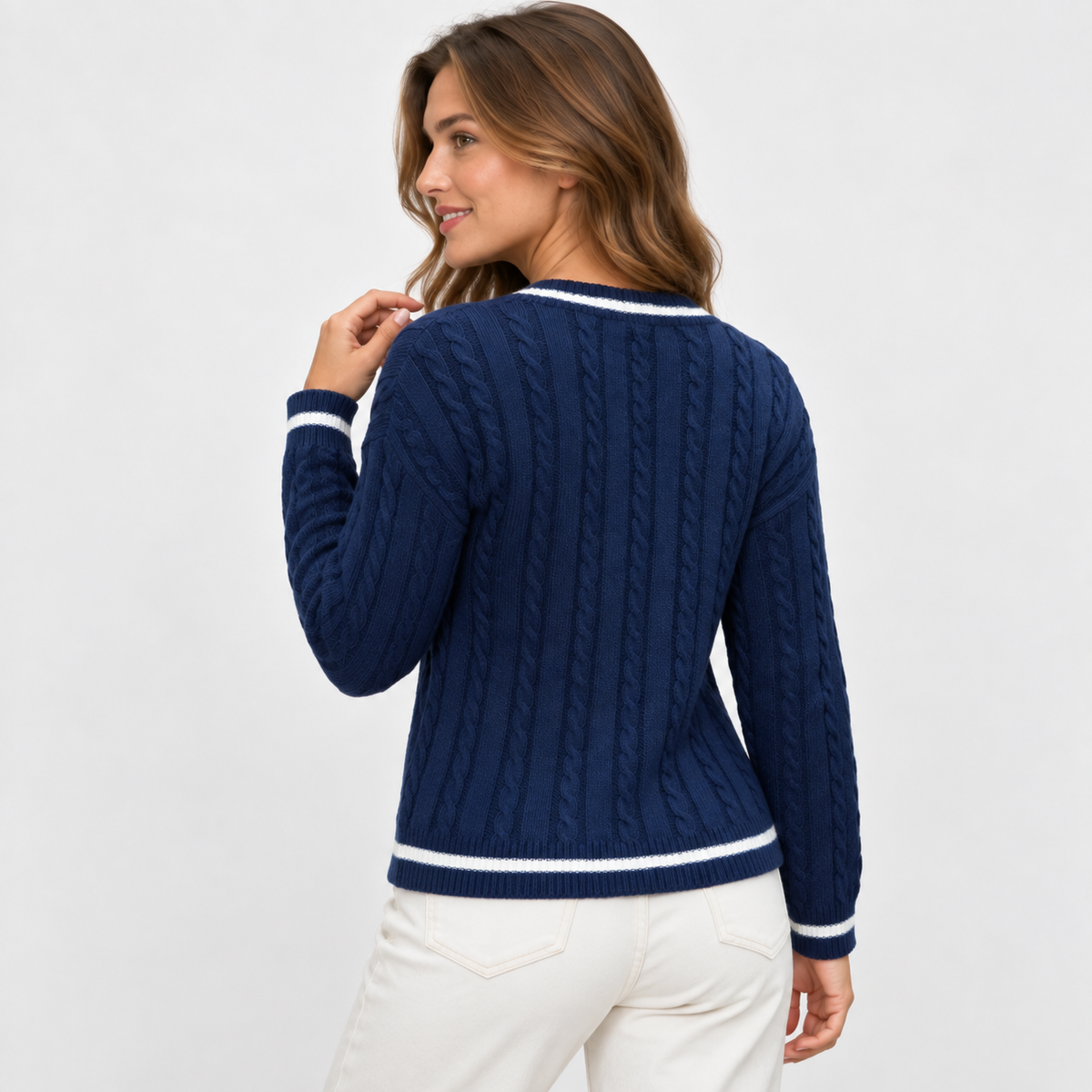 Women's Cable Knit V-Neck Sweater - Loose Fit