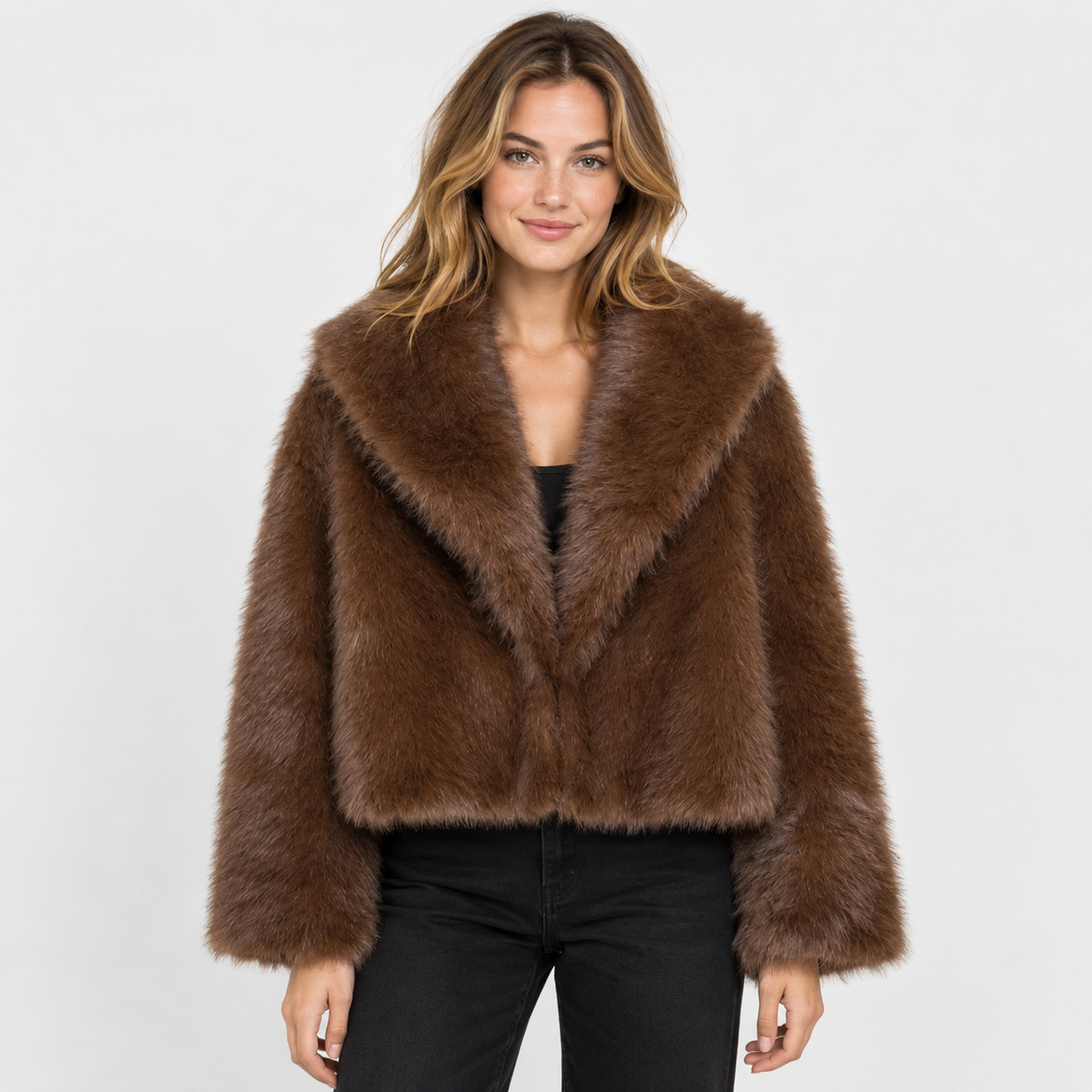 Women's Short Faux Fur Coat - Vintage Lapel Style