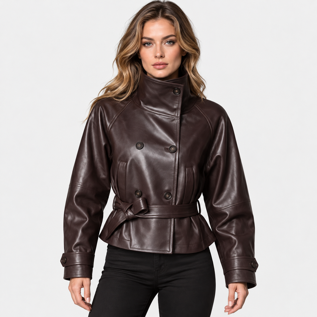 Women's Classic Brown Faux Leather Jacket with Fitted Waist