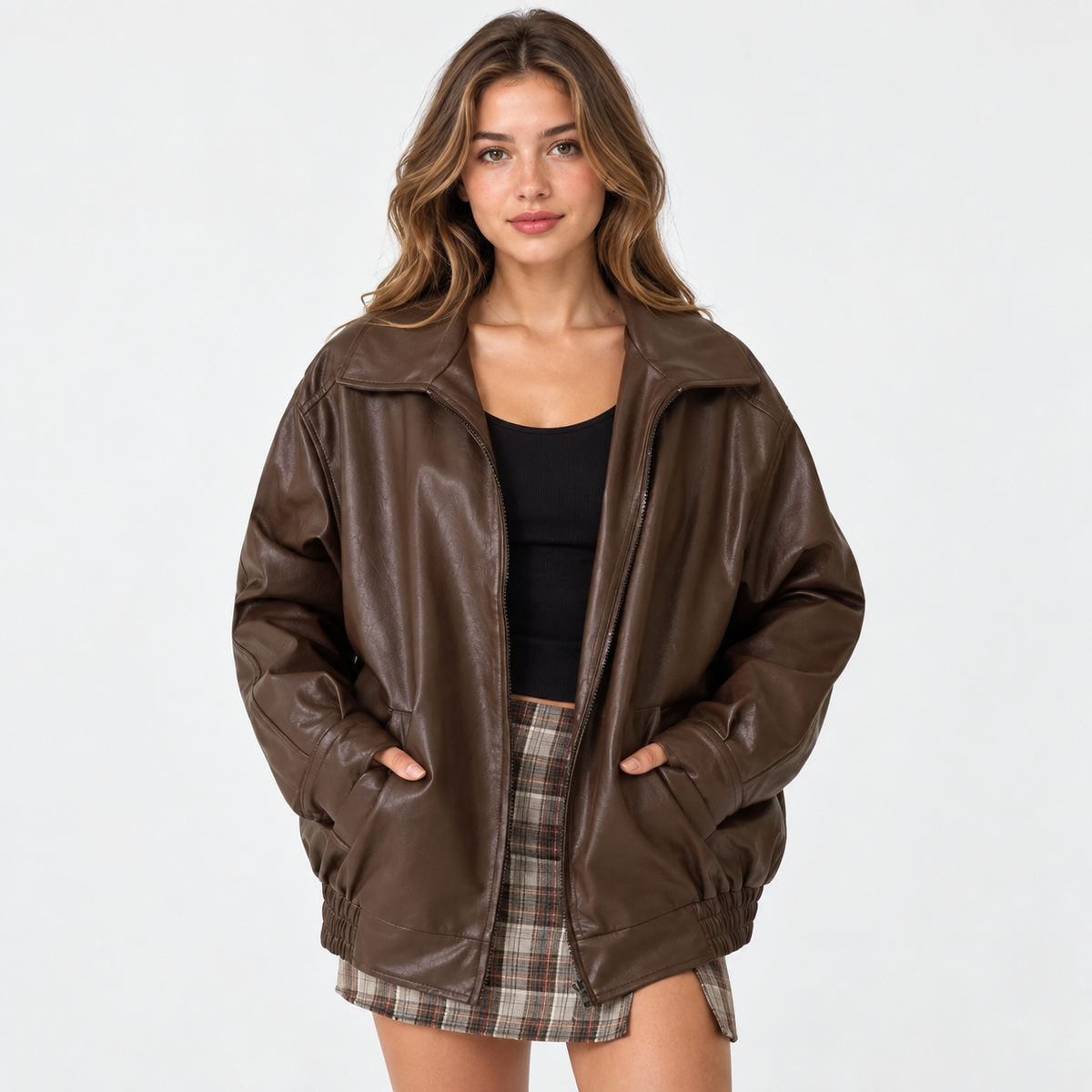 Women's Motorcycle Jacket - Faux Leather with Pockets