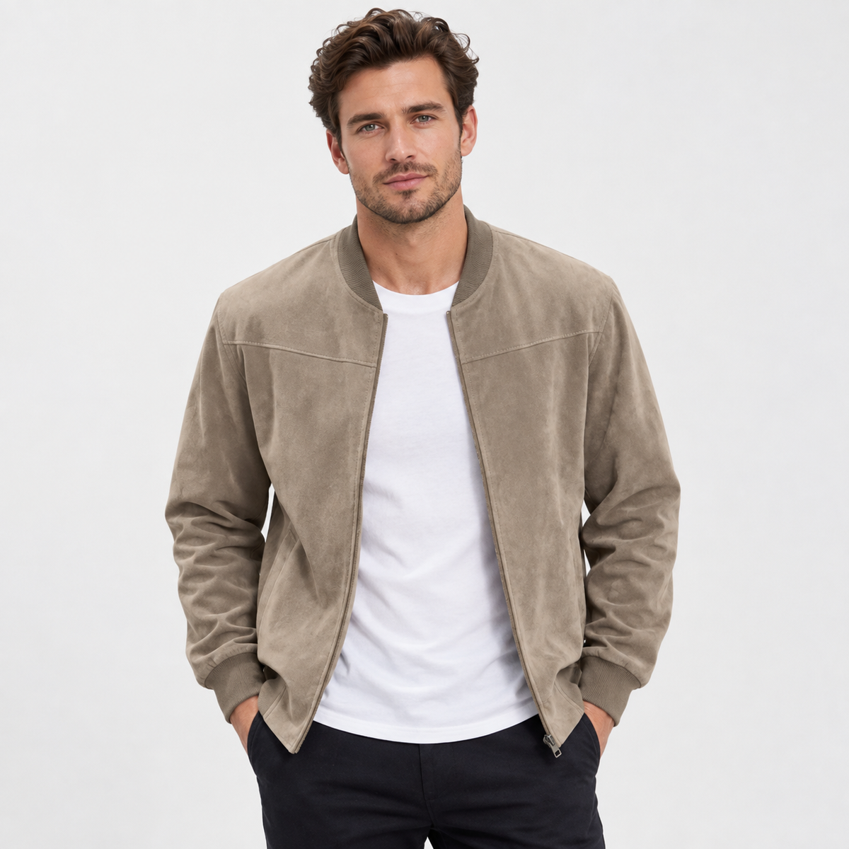 Men's Suede-Style Zip Top - Stand Collar Long Sleeve