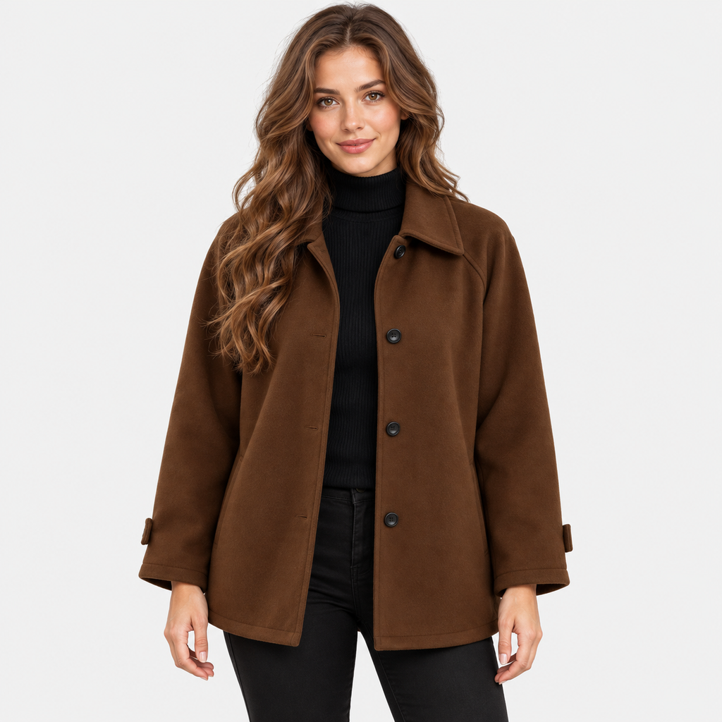 Women's Wool Blend Coat with Lapel Collar and Button Front