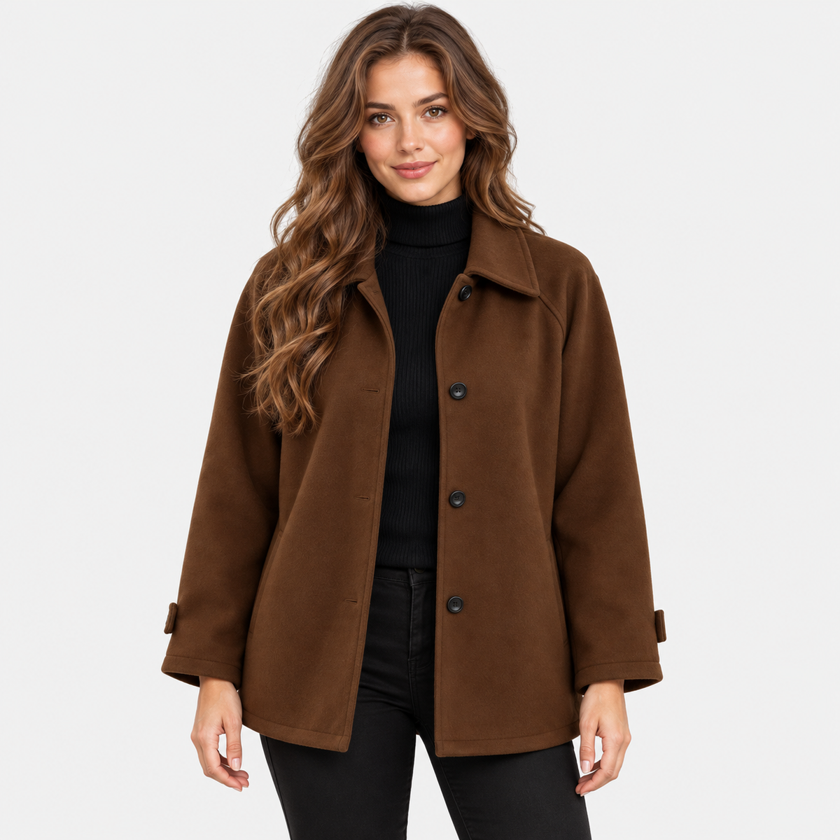Women's Wool Blend Coat with Lapel Collar and Button Front
