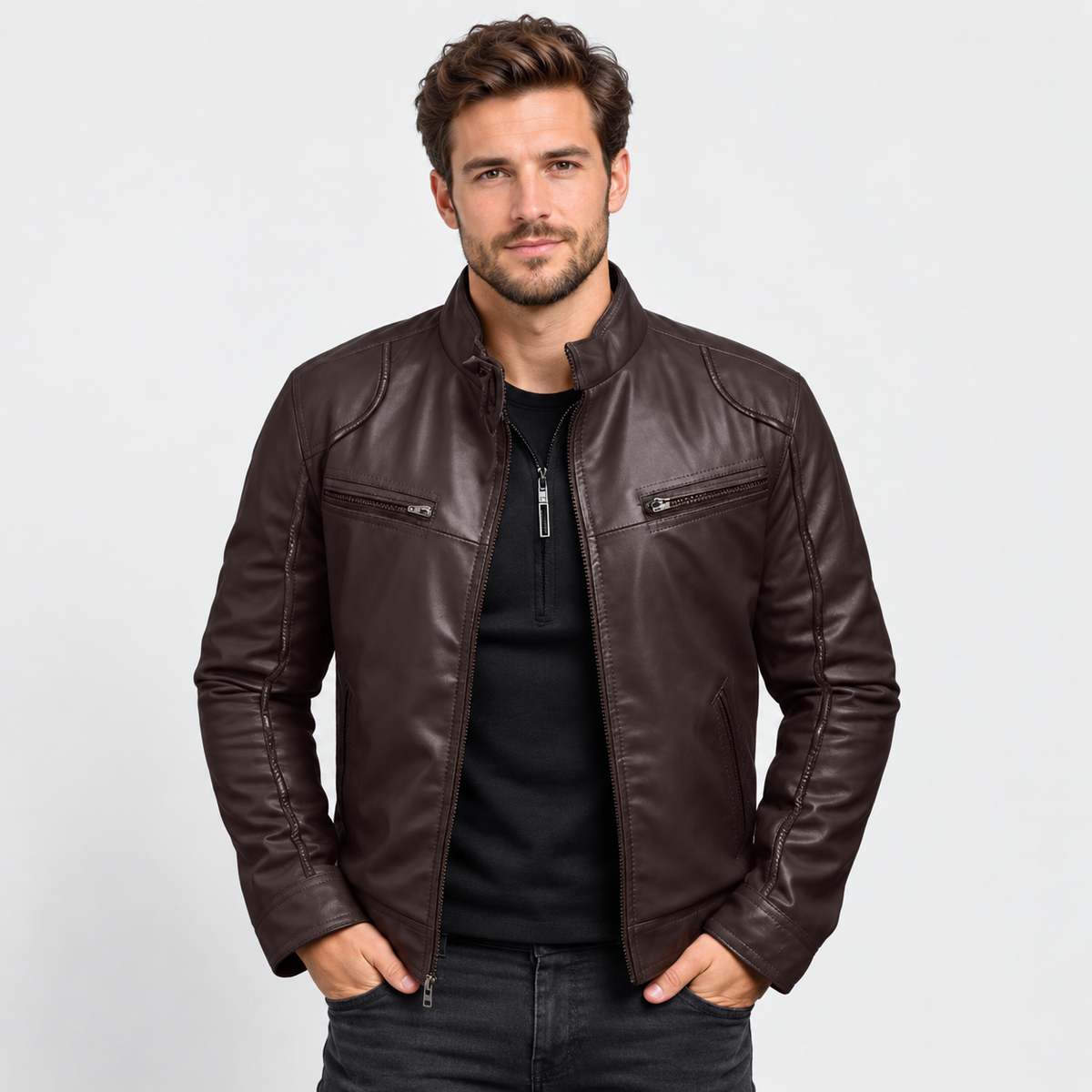 Men's Faux Leather Moto Jacket - Stand Collar
