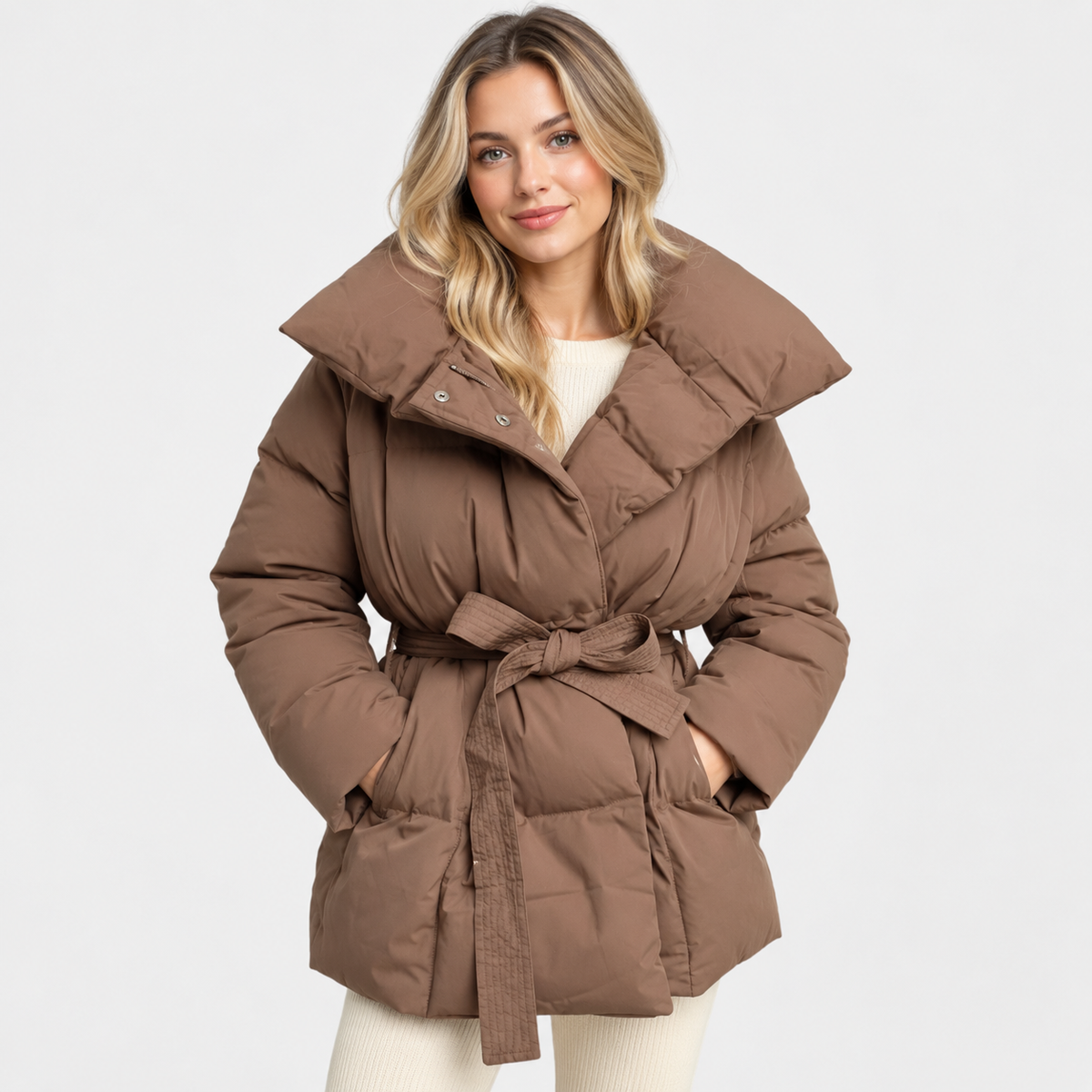 Women's Cotton Winter Coat - Belted Lapel Design