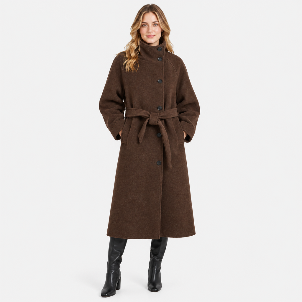 Women's Belted Overcoat - Long Stand Collar Style