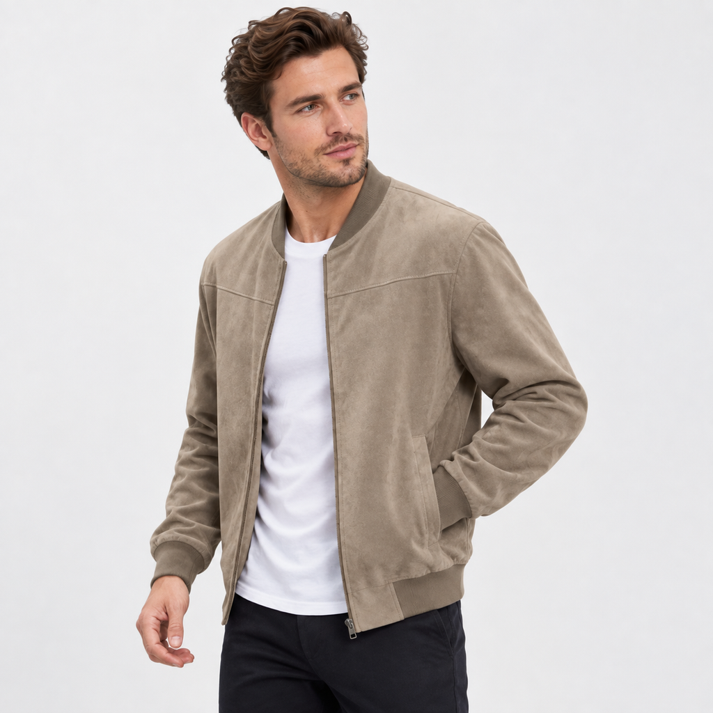 Men's Suede-Style Zip Top - Stand Collar Long Sleeve