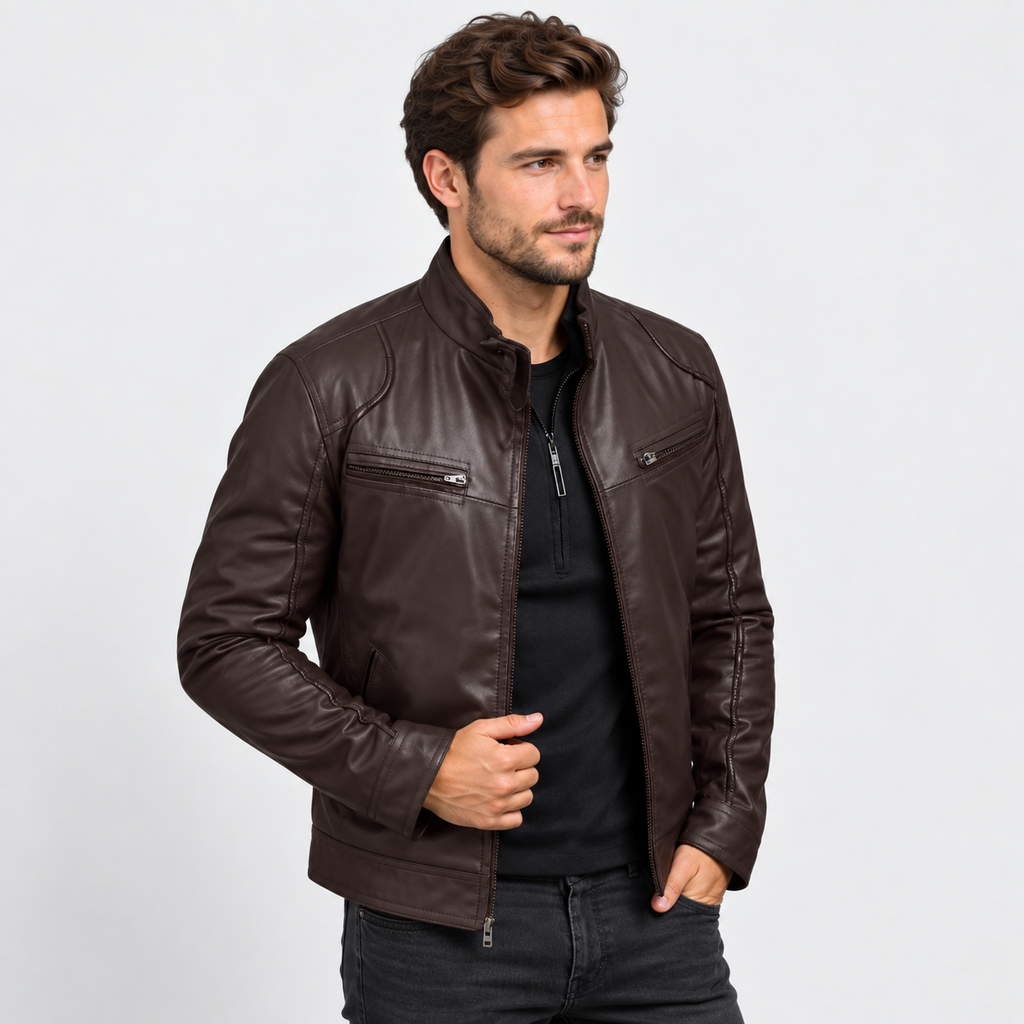 Men's Faux Leather Moto Jacket - Stand Collar