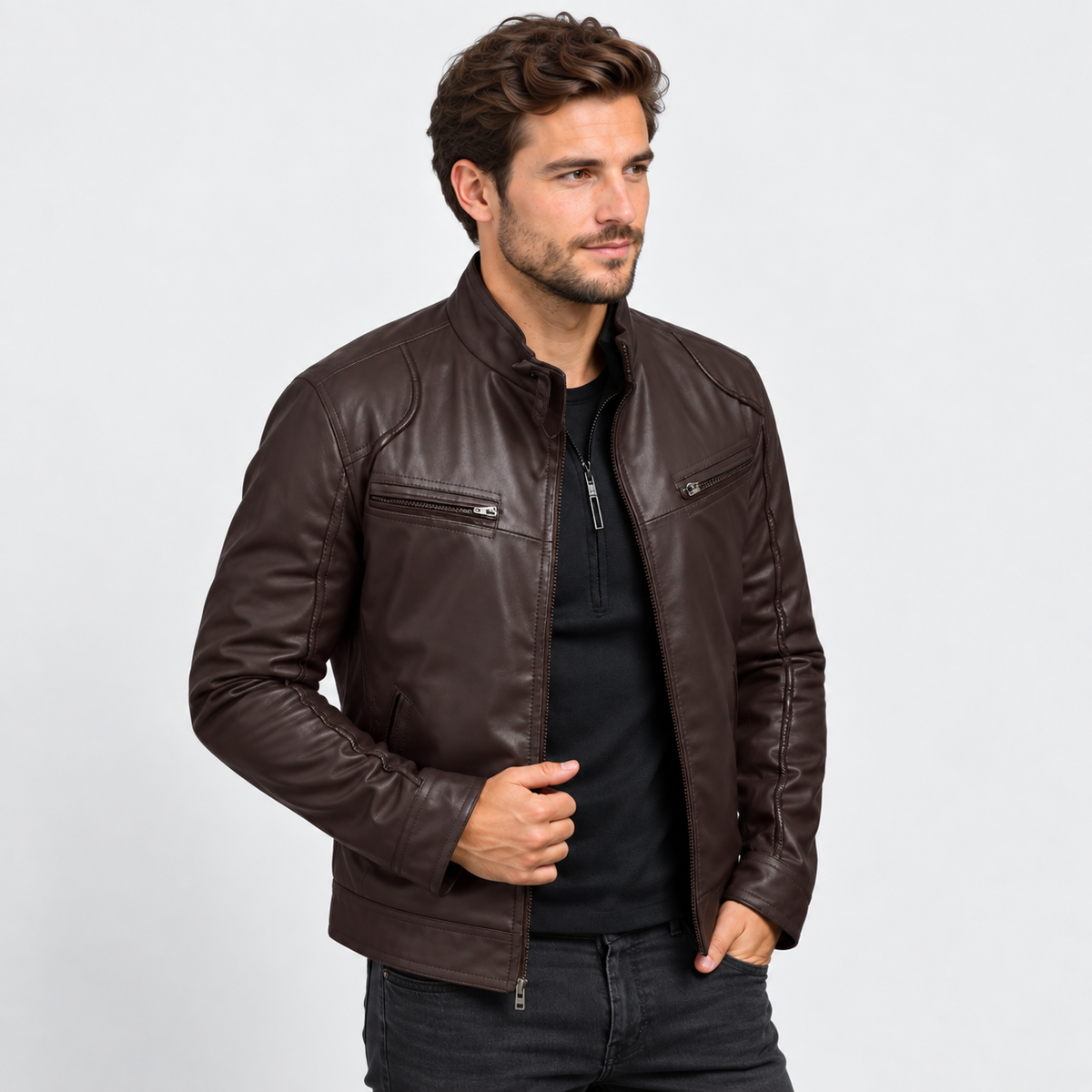 Men's Faux Leather Moto Jacket - Stand Collar