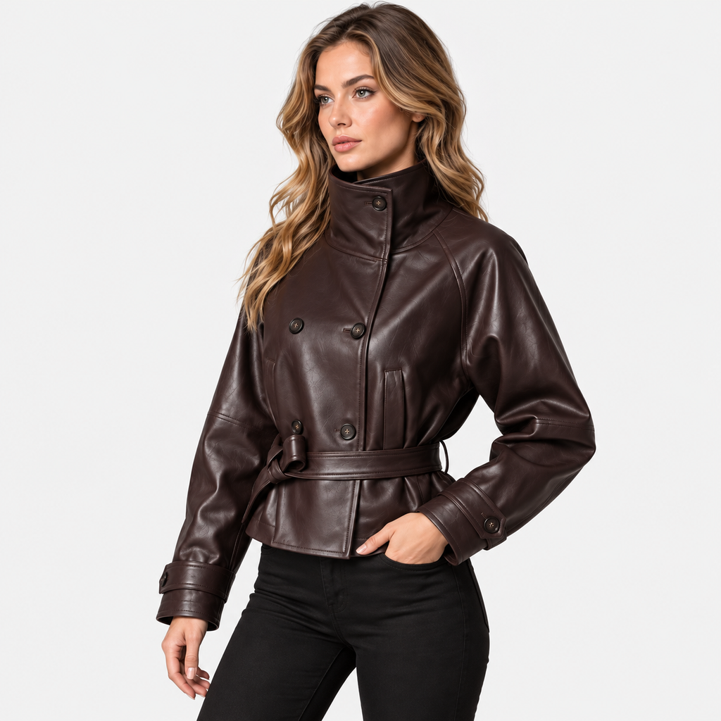 Women's Classic Brown Faux Leather Jacket with Fitted Waist