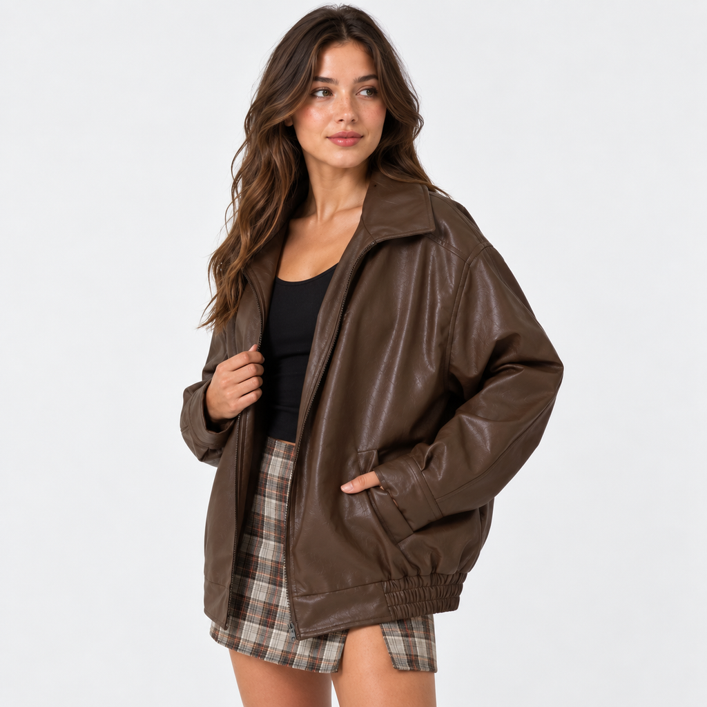 Women's Motorcycle Jacket - Faux Leather with Pockets