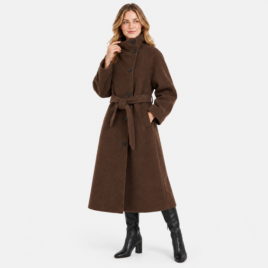 Women's Belted Overcoat - Long Stand Collar Style