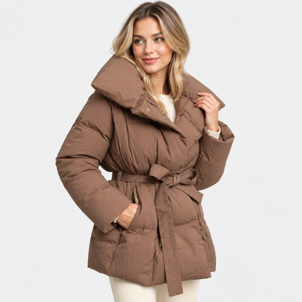 Women's Cotton Winter Coat - Belted Lapel Design
