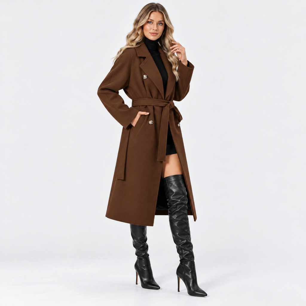 Women's Long Double Breasted Coat with Belted Waist