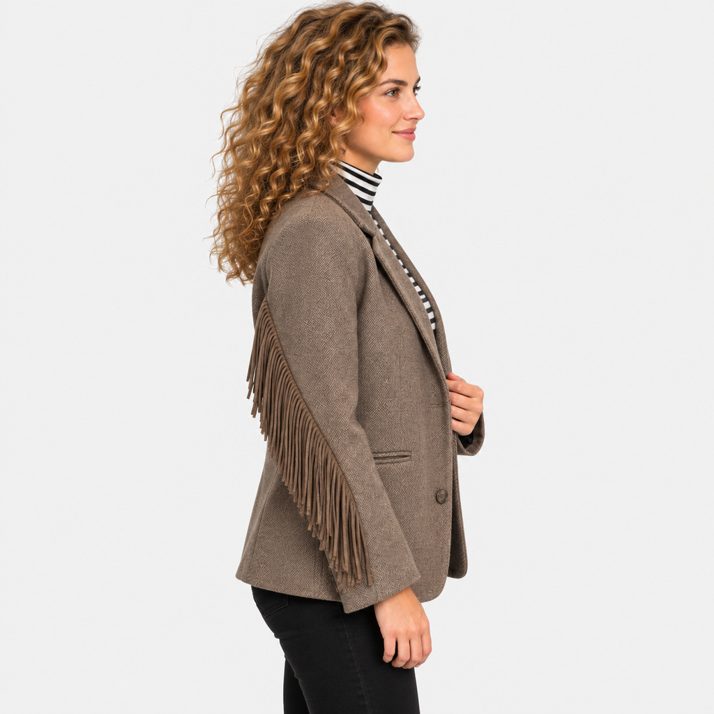 Women's Brown Blazer Jacket with Tassel Details