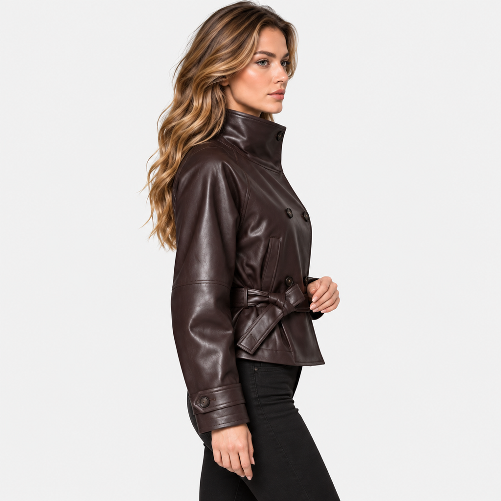 Women's Classic Brown Faux Leather Jacket with Fitted Waist
