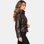 Women's Classic Brown Faux Leather Jacket with Fitted Waist