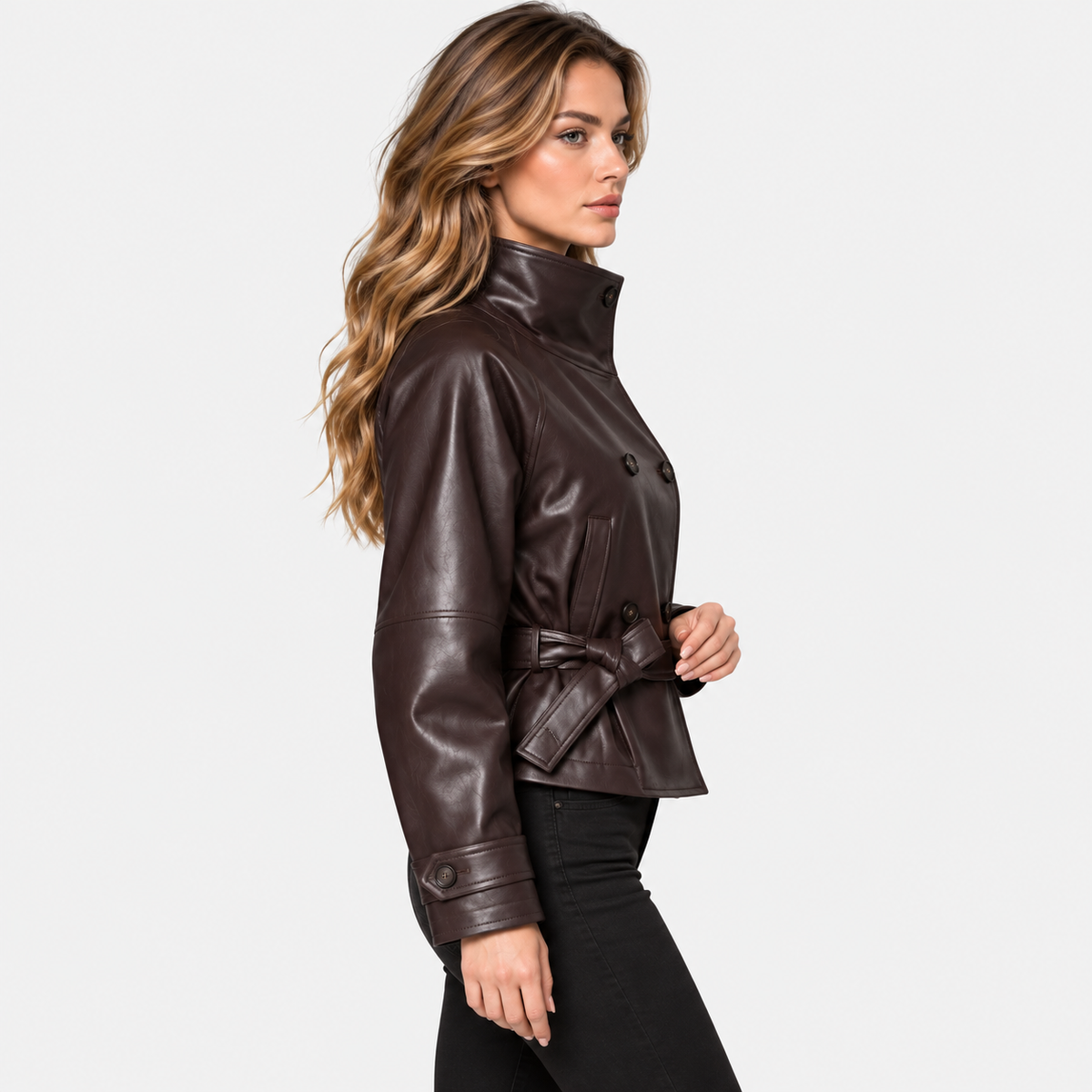 Women's Classic Brown Faux Leather Jacket with Fitted Waist