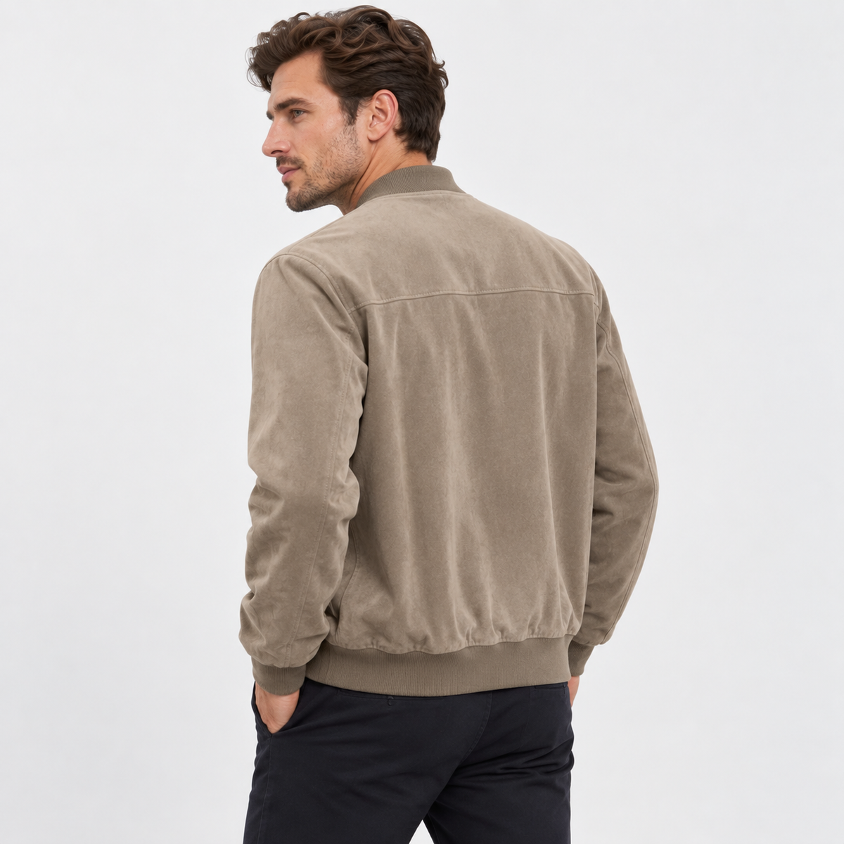 Men's Suede-Style Zip Top - Stand Collar Long Sleeve