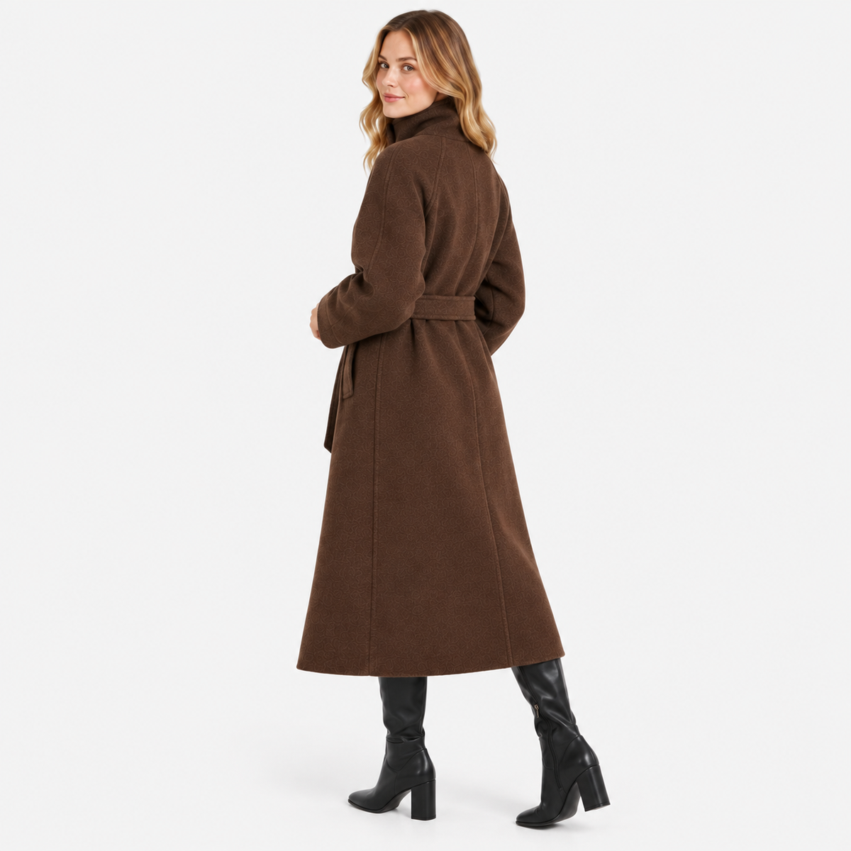 Women's Belted Overcoat - Long Stand Collar Style