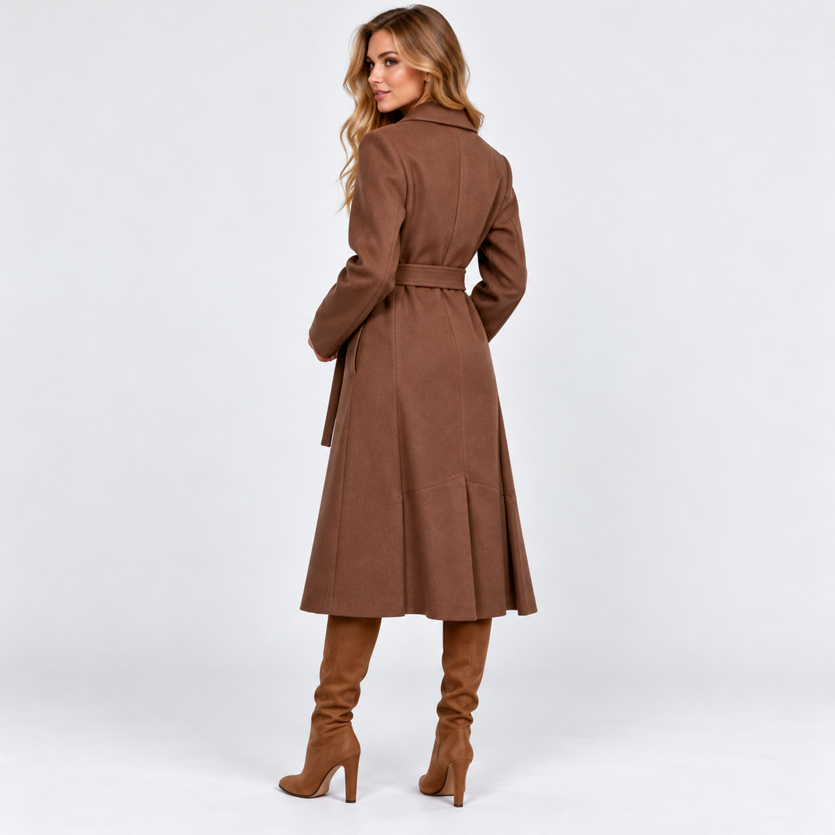 Women's Long V-Neck Coat with Lace-Up Waist