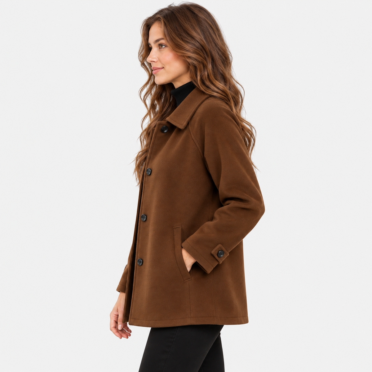 Women's Wool Blend Coat with Lapel Collar and Button Front