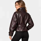 Women's Classic Brown Faux Leather Jacket with Fitted Waist