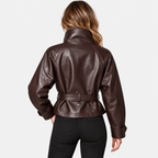 Women's Classic Brown Faux Leather Jacket with Fitted Waist