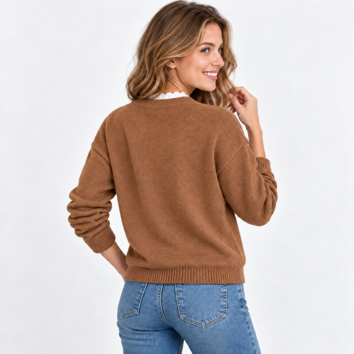 Women's V-Neck Lace Sweater - Long Sleeve Pullover