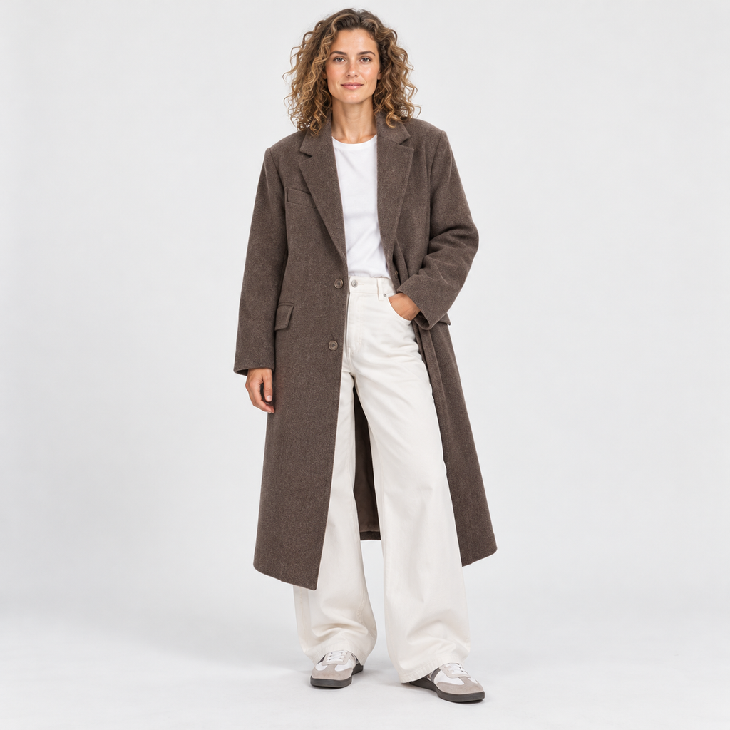 Women's Classic Brown Overcoat with Tailored Lapels