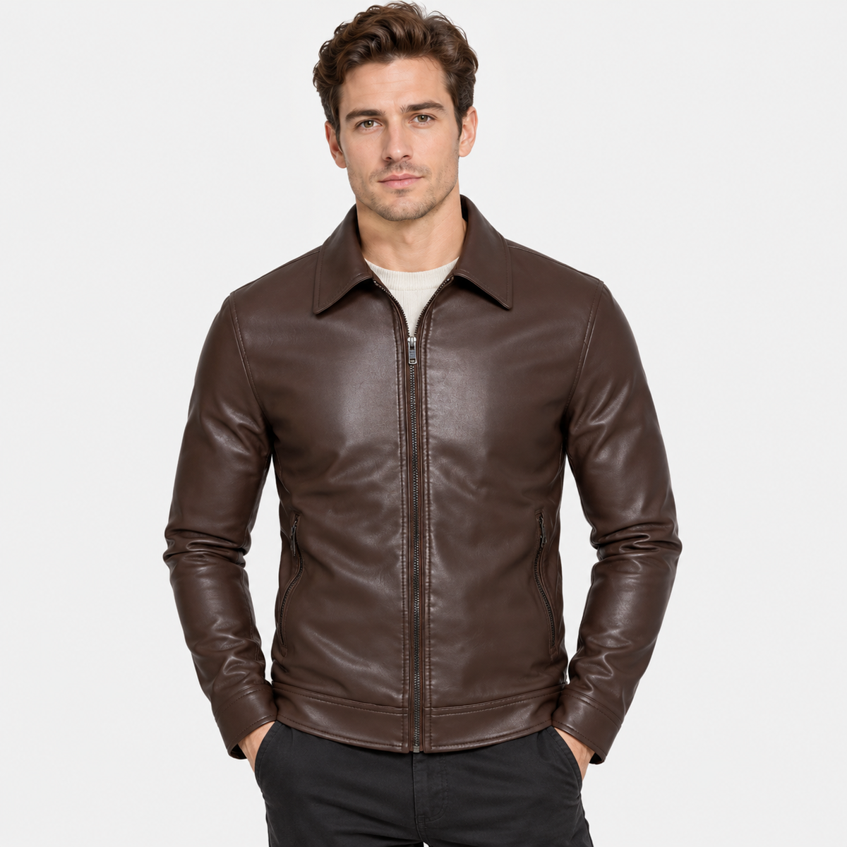 Men's Faux Leather Lapel Jacket - Slim Fit